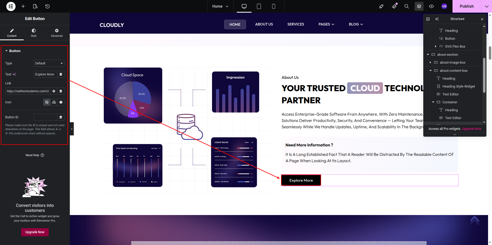 Editing About Button in Elementor