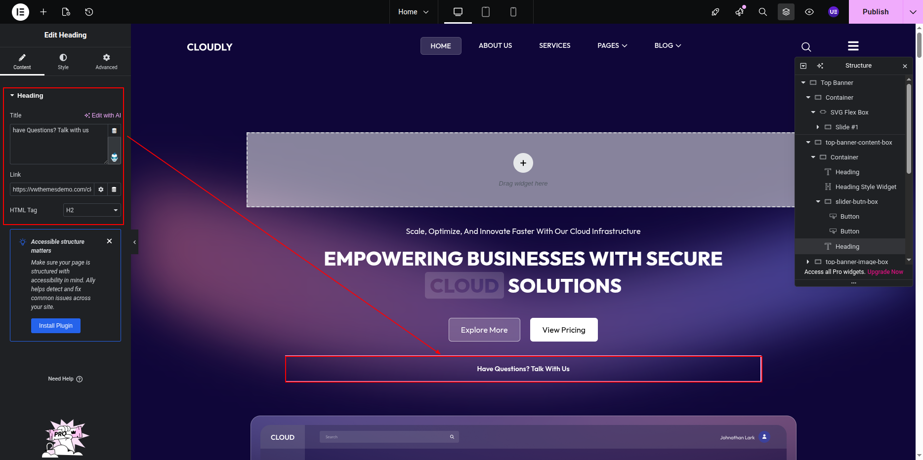Editing Banner Section in Elementor