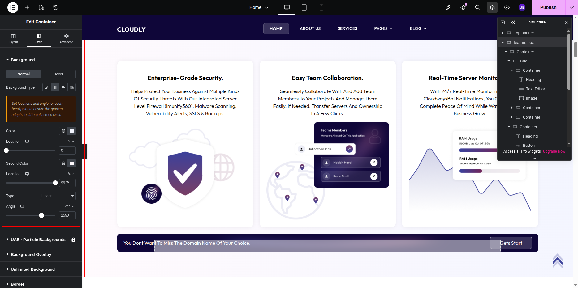 Editing Features Section Gradient Background in Elementor