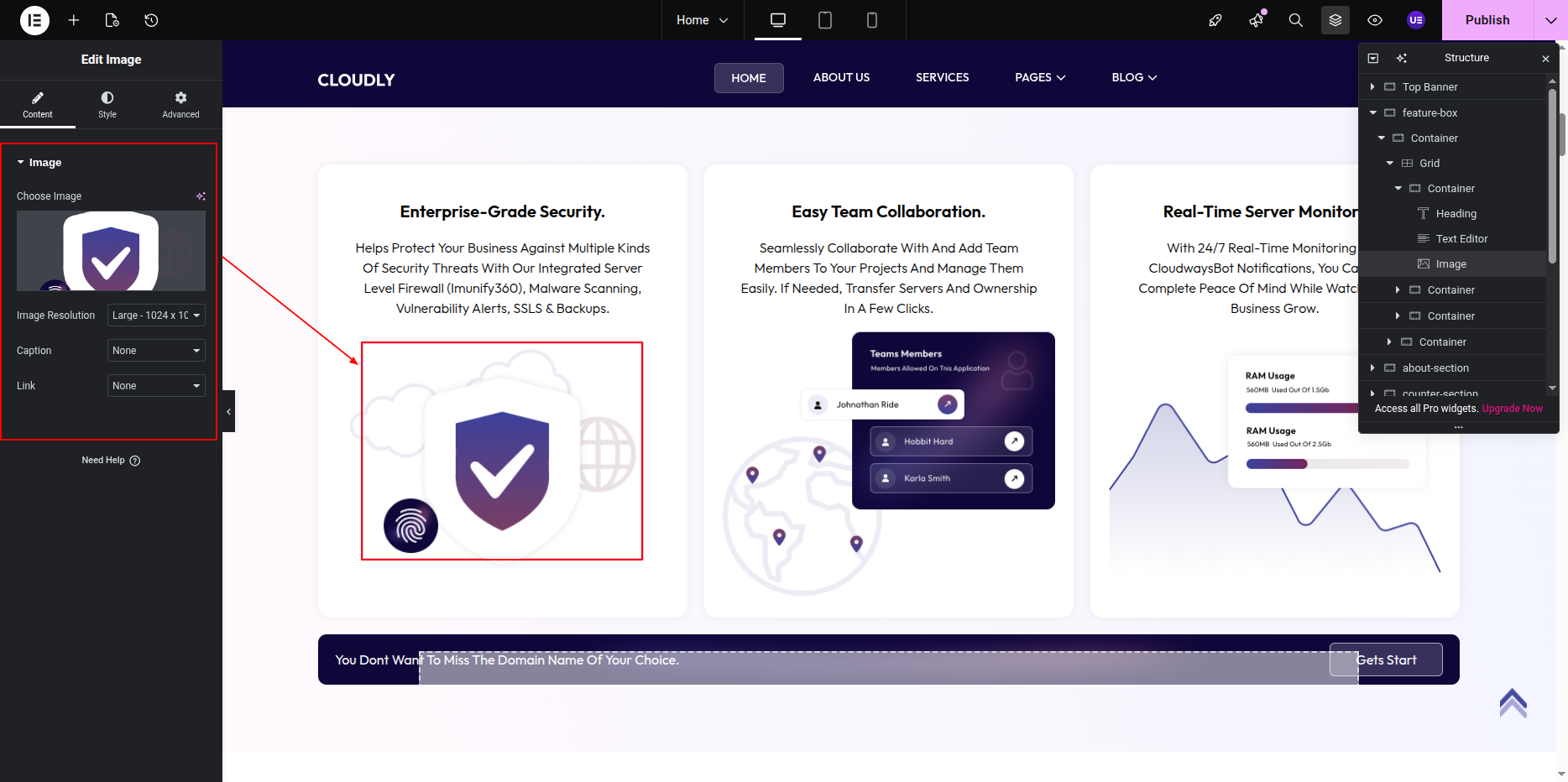 Editing Feature Card Content in Elementor