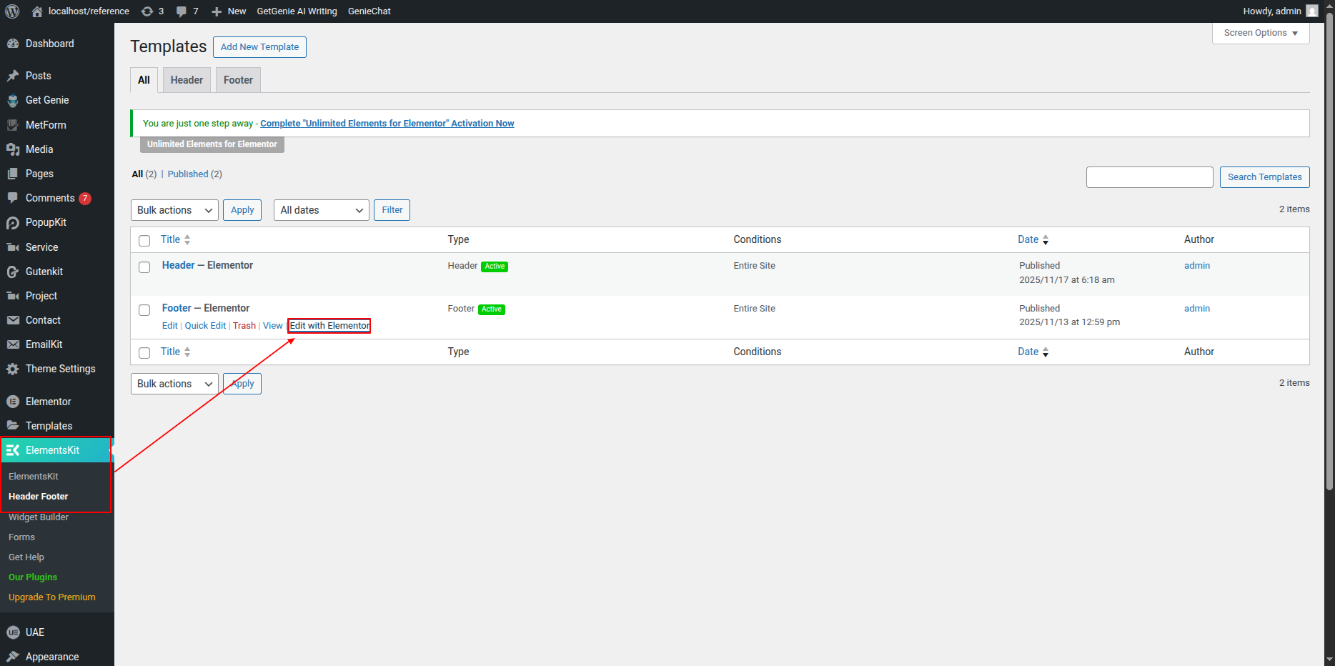 Editing Footer in Elementor