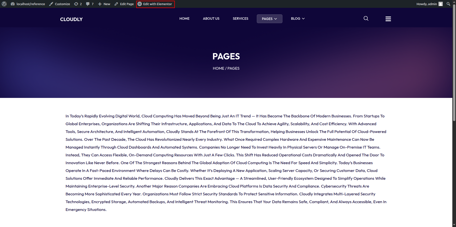 Edit Page with No Sidebar in Elementor