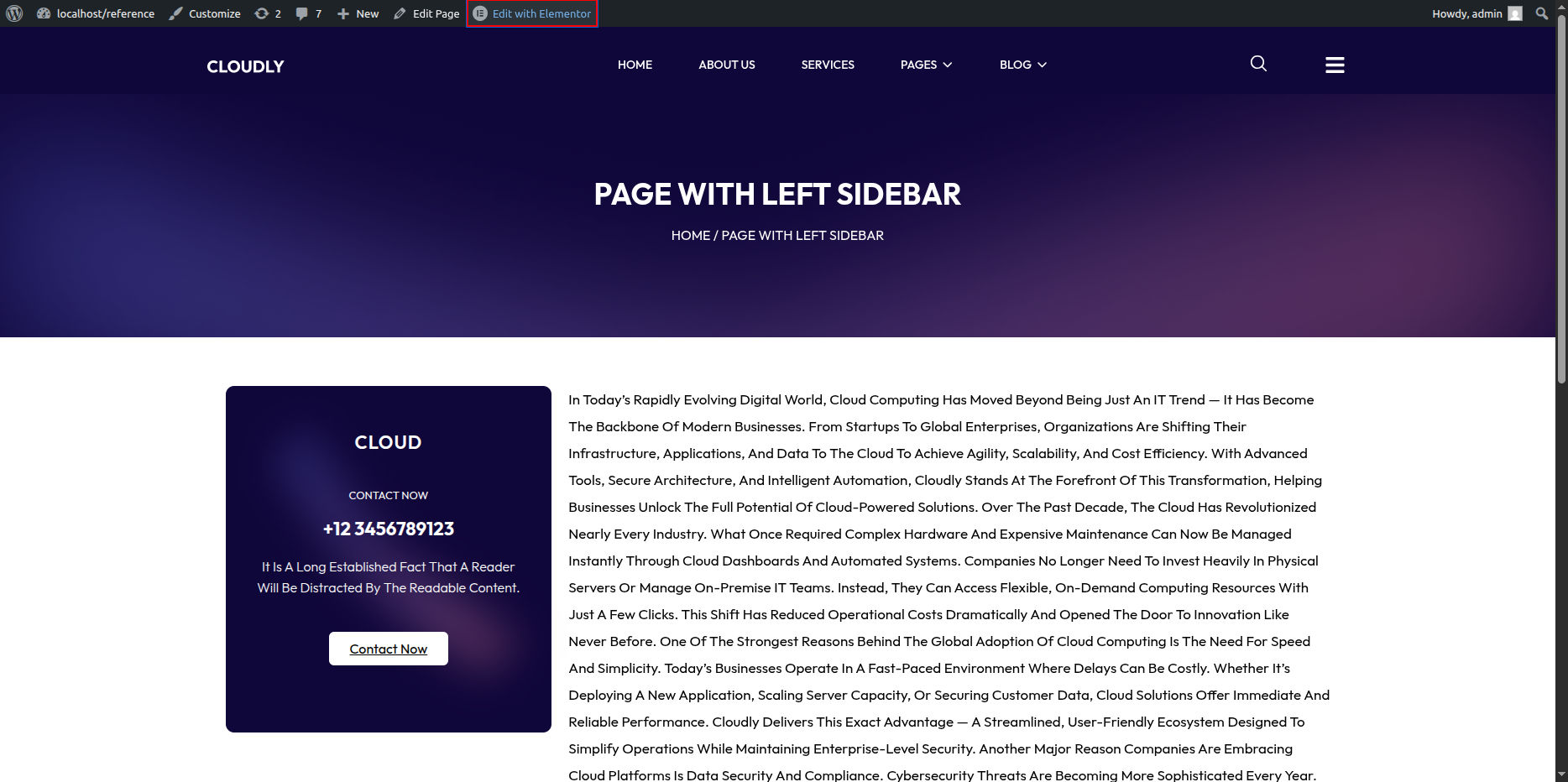 Page with Left Sidebar Banner Section