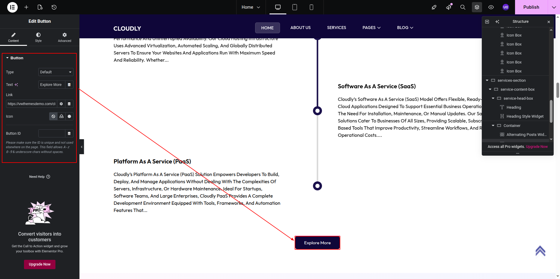 Editing Service Button in Elementor