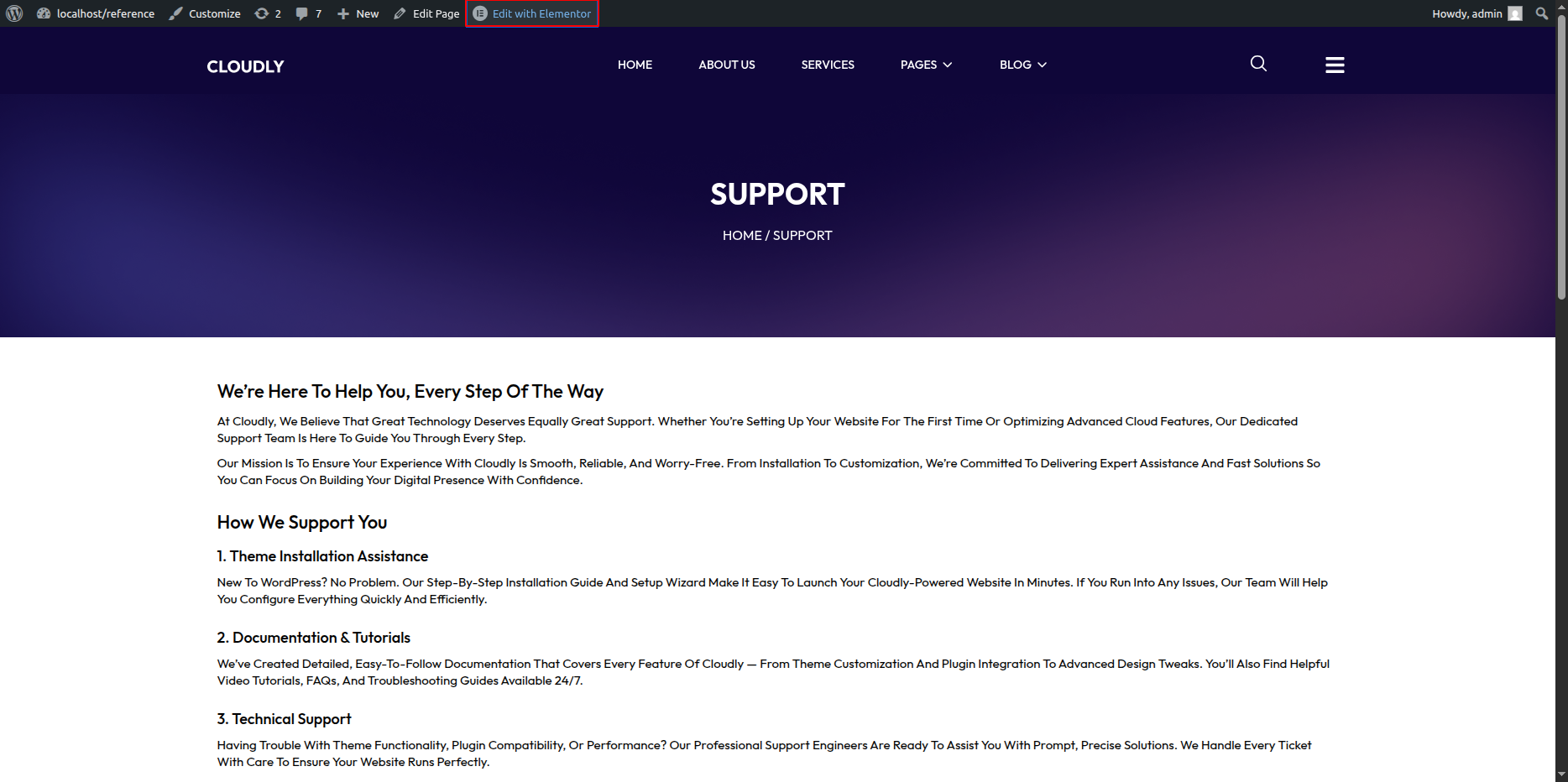 Edit Support Page in Elementor