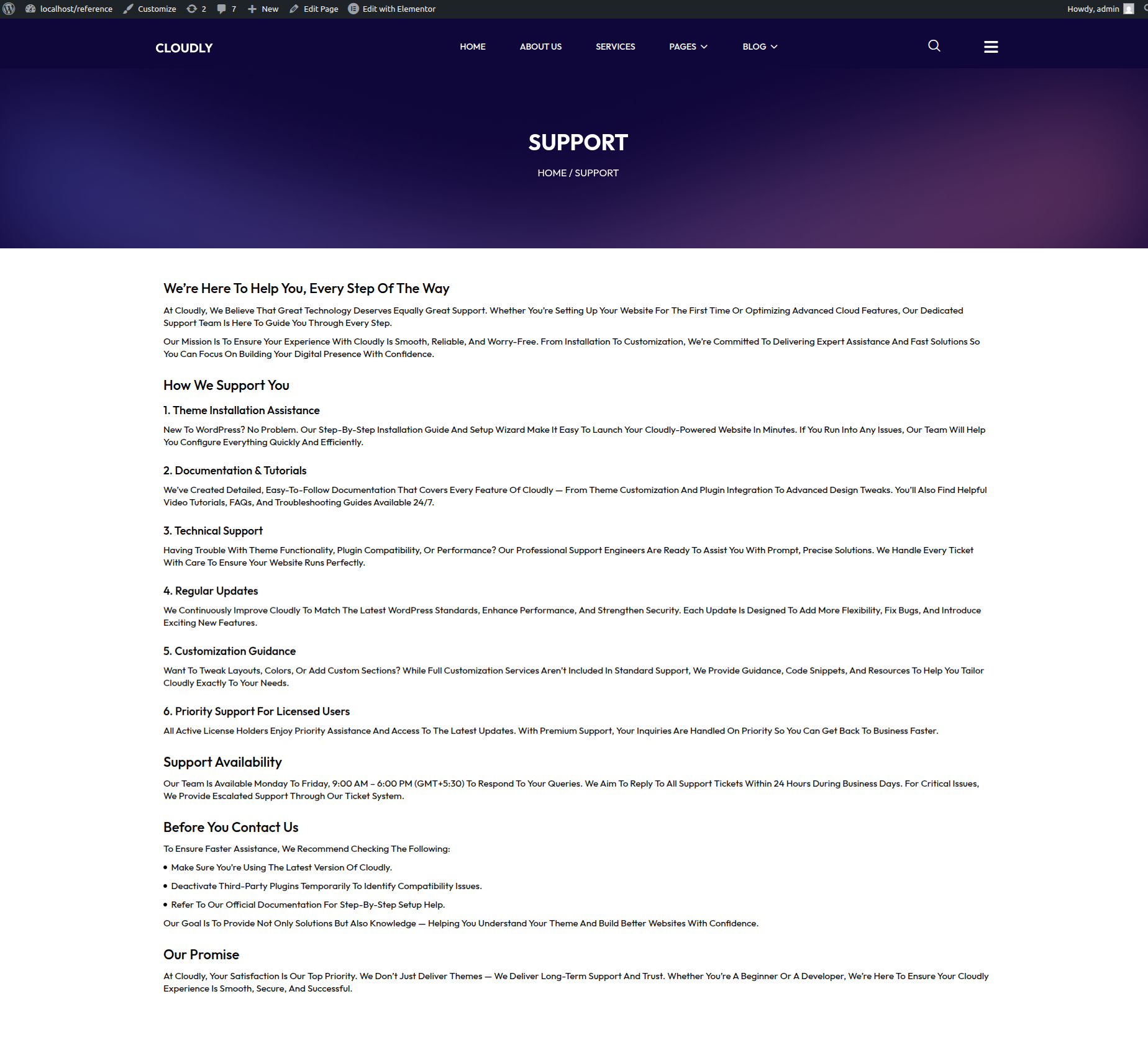 Support Page Final View