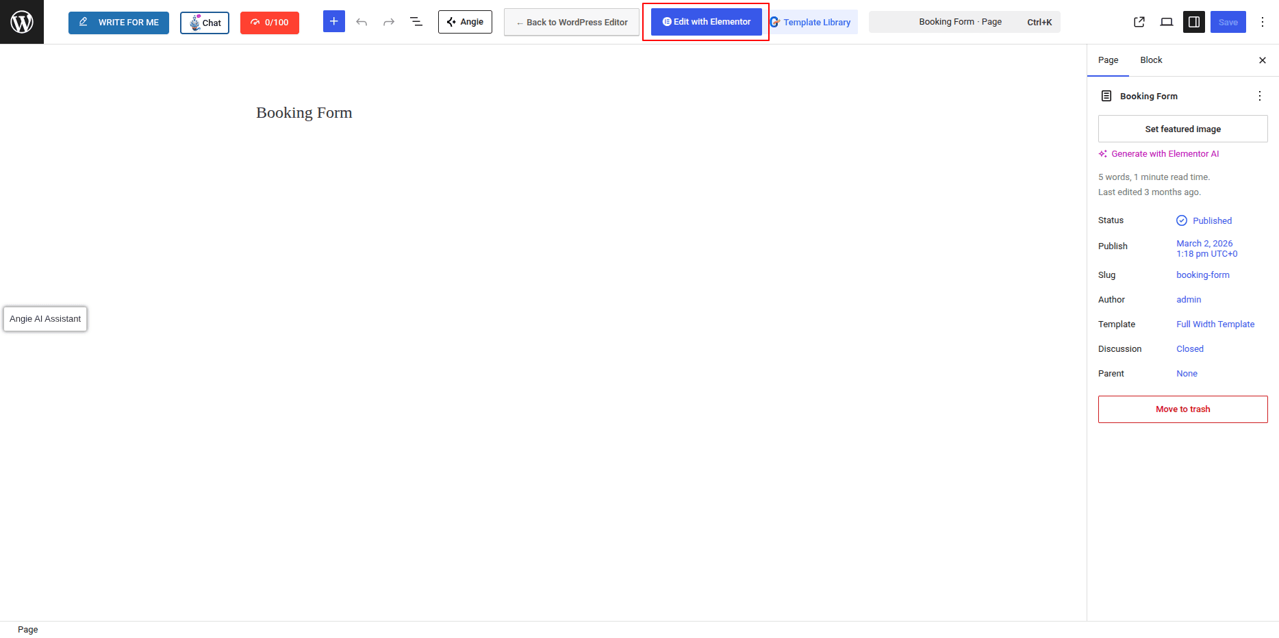 Booking Form Page Elementor Editor