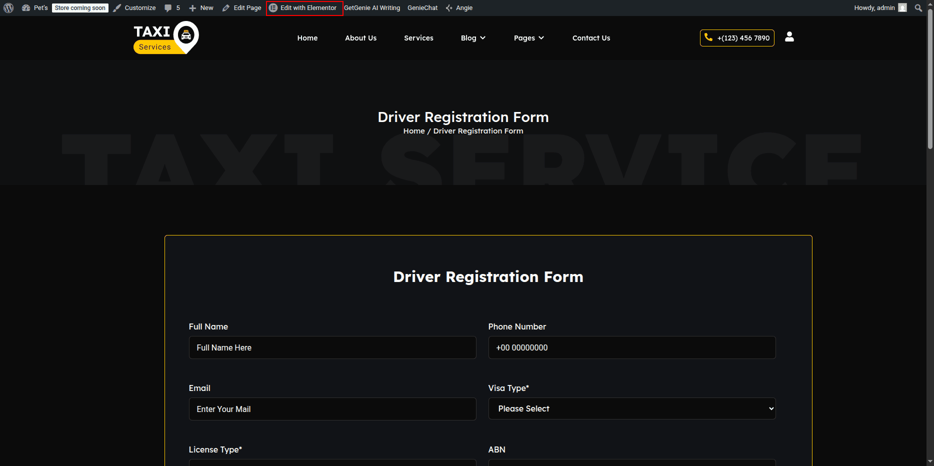 Driver Registration Page Elementor Editor