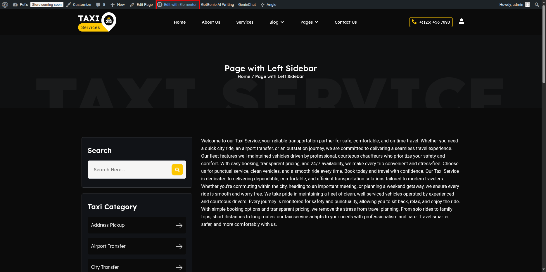 Page with Left Sidebar Banner Section