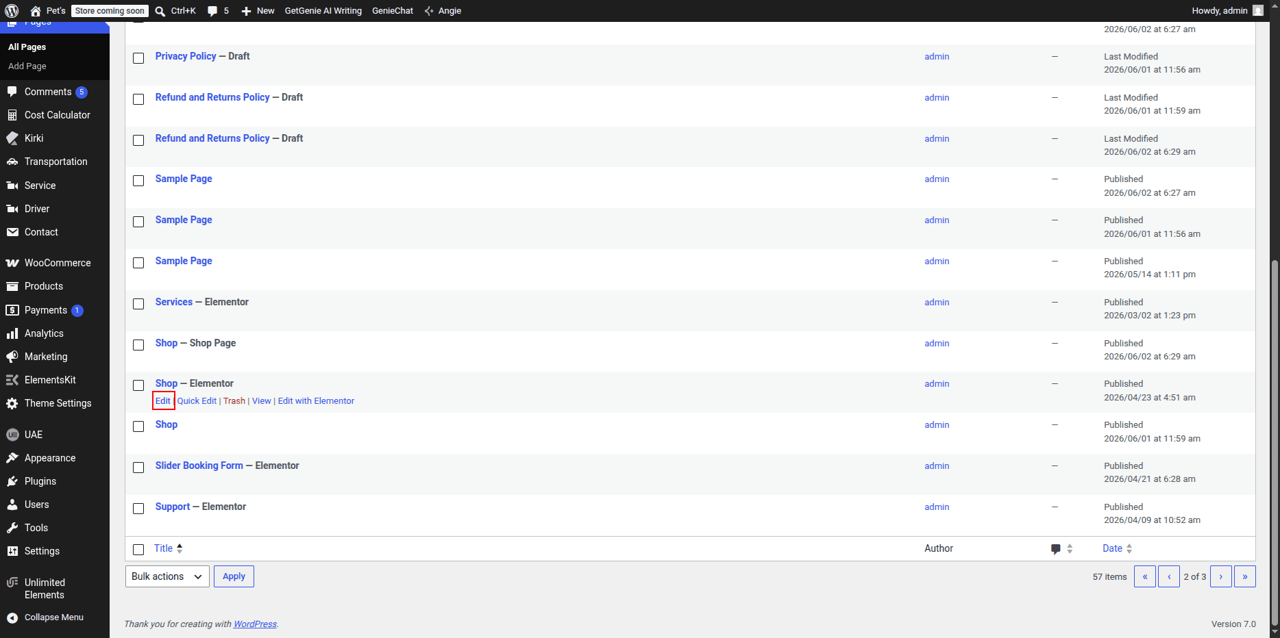Shop Page Edit Option